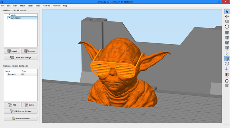 Simplify3D - transform gizmo with Star Wars sunglasses Yoga model
