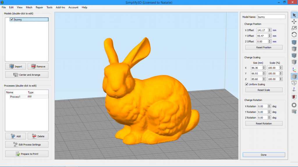 Simplify3D - model settings panel with rabbit model