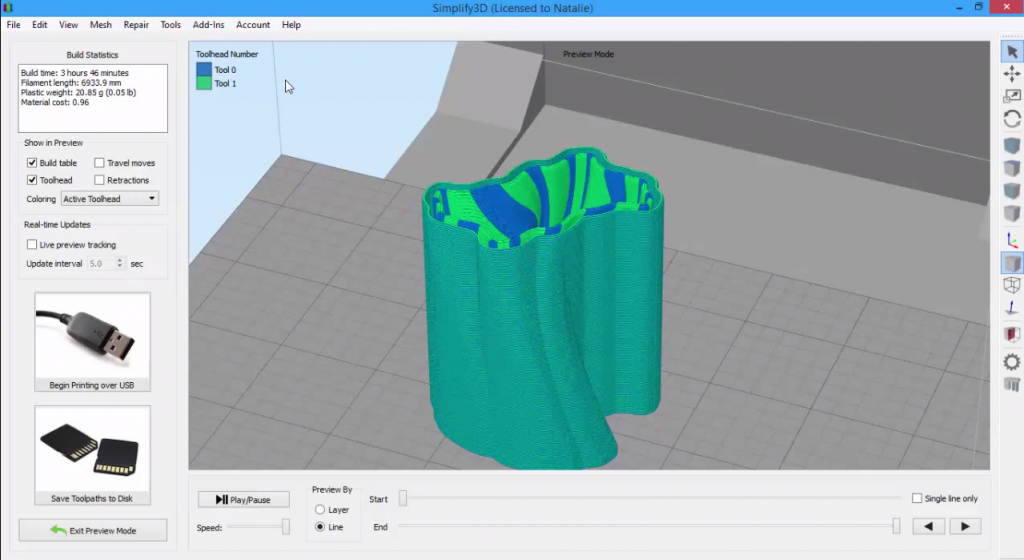 Simplify3D - dual extrusion vase preview mode