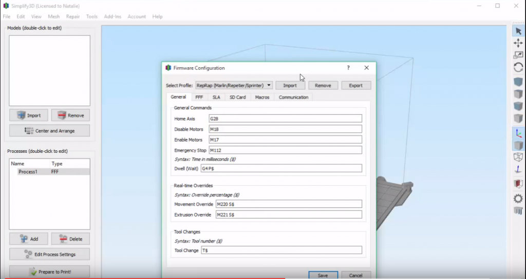 Simplify3D - firmware machine settings